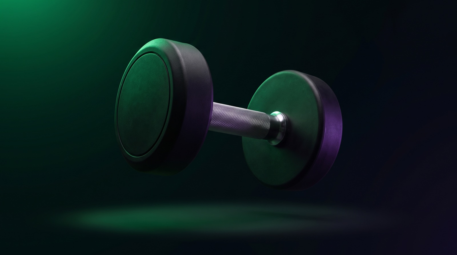 Matte black dumbbell with a knurled steel handle floating in a soft emerald-lit void