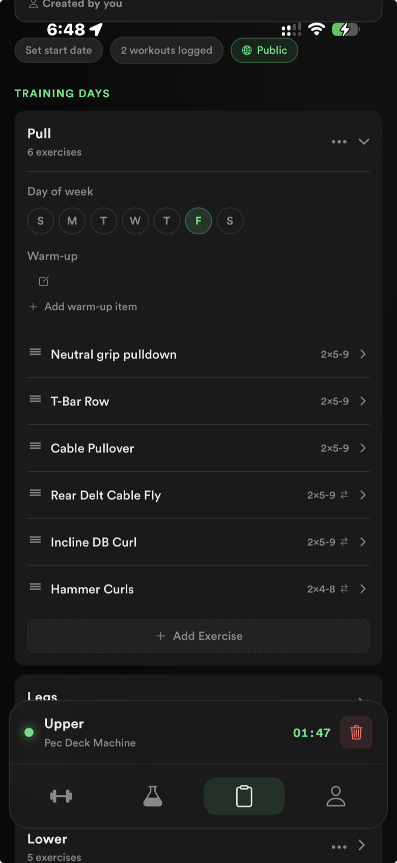 LiftLabb program builder: training days with day-of-week picker, warm-ups, exercises and rep ranges