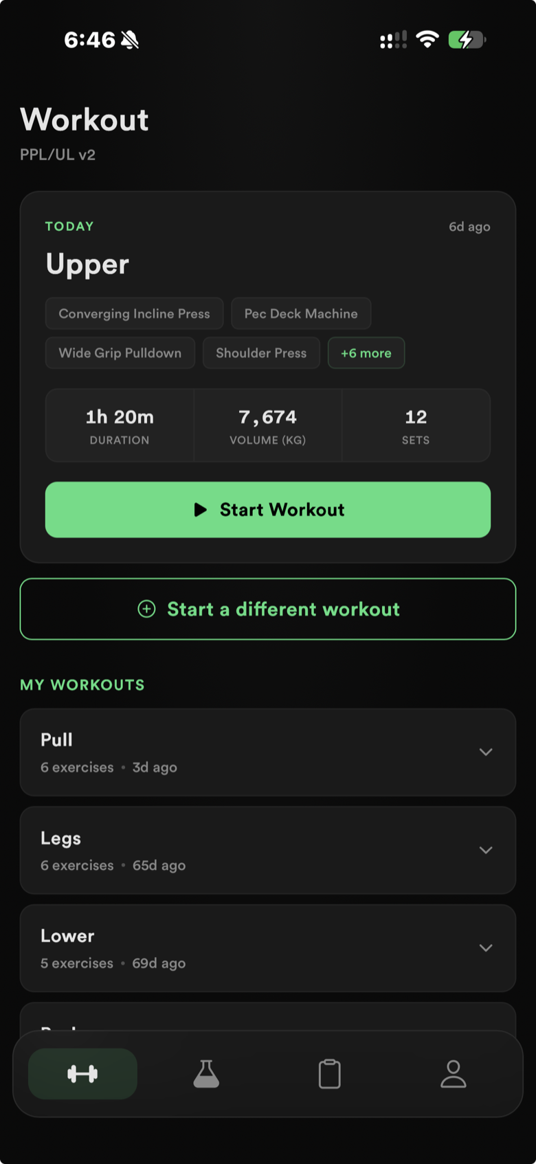 LiftLabb workout home: today's Upper session with duration, volume and sets, ready to start
